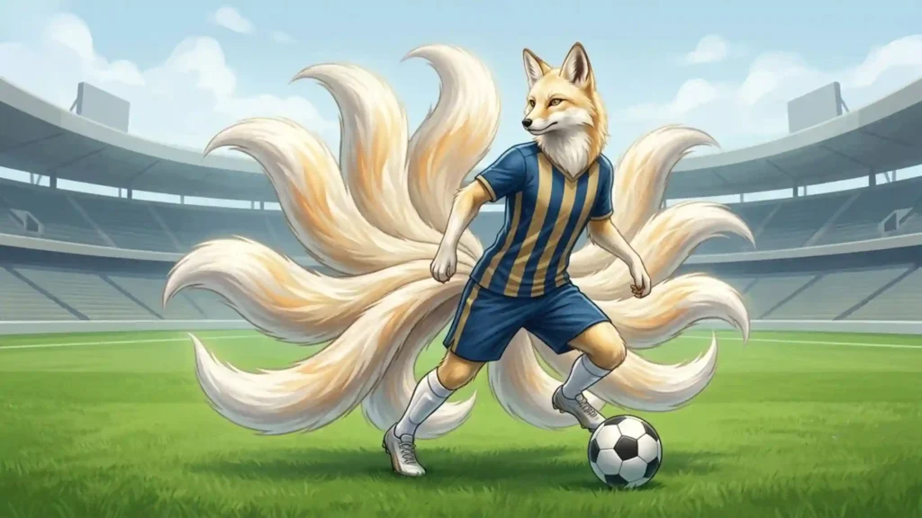 A nine-tailed kitsune fox in soccer gear controlling the ball
