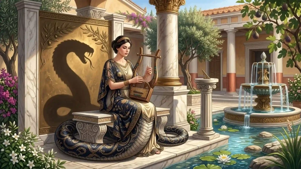 A beautiful serpent-bodied Lamia standing in a sunlit Mediterranean courtyard