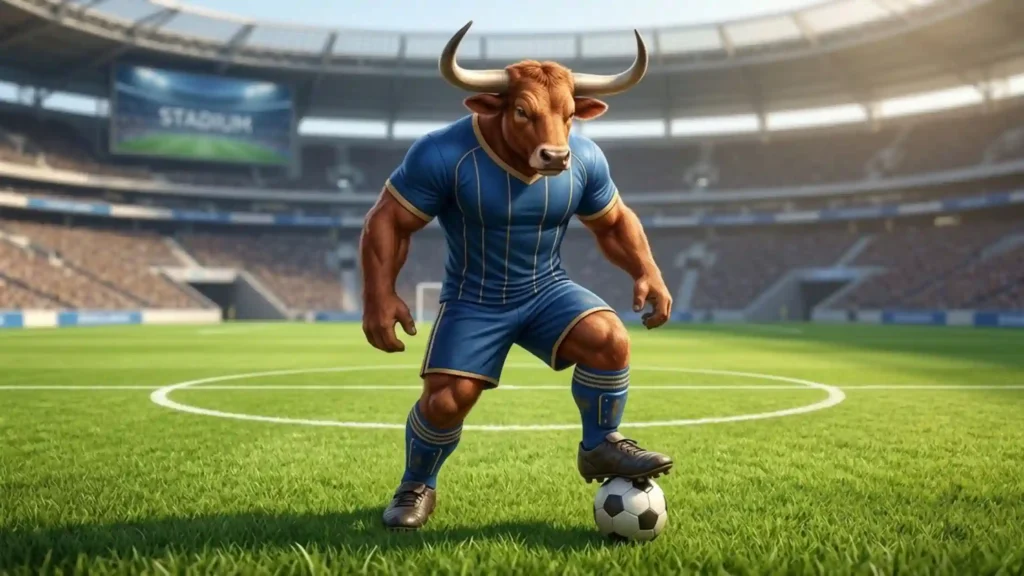 A minotaur in blue soccer gear standing over a soccer ball