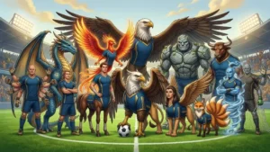 Eleven mythical creatures posing together as a soccer team in a brightly lit stadium