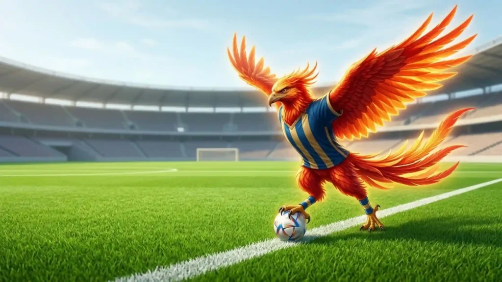 A radiant phoenix in blue soccer gear running with the ball