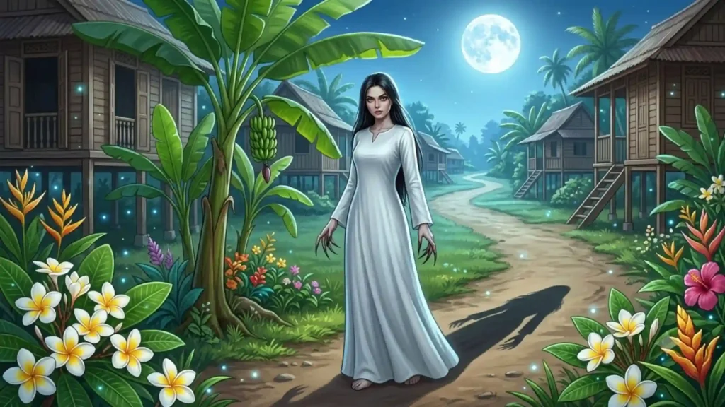 A beautiful white-dressed Pontianak with long claws beside a tropical village road