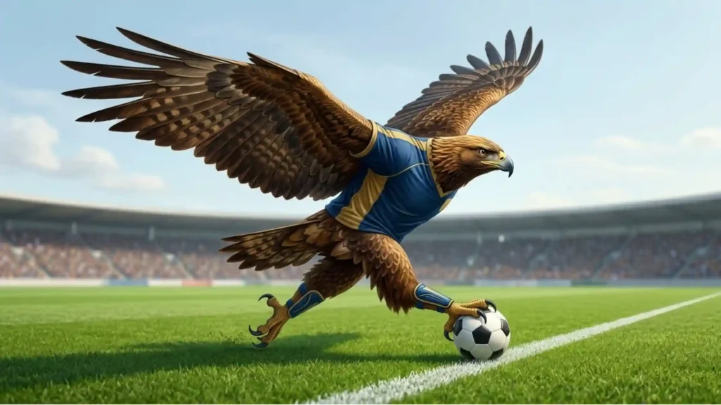 A giant roc bird in blue and gold soccer gear running with the ball