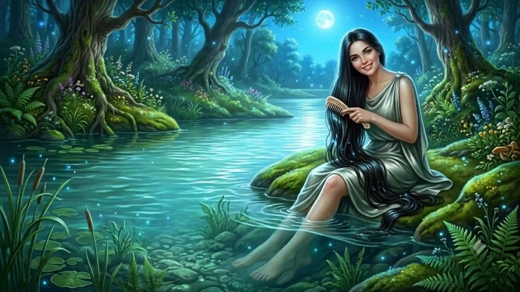 A beautiful rusalka combing her hair beside a luminous but dangerous river