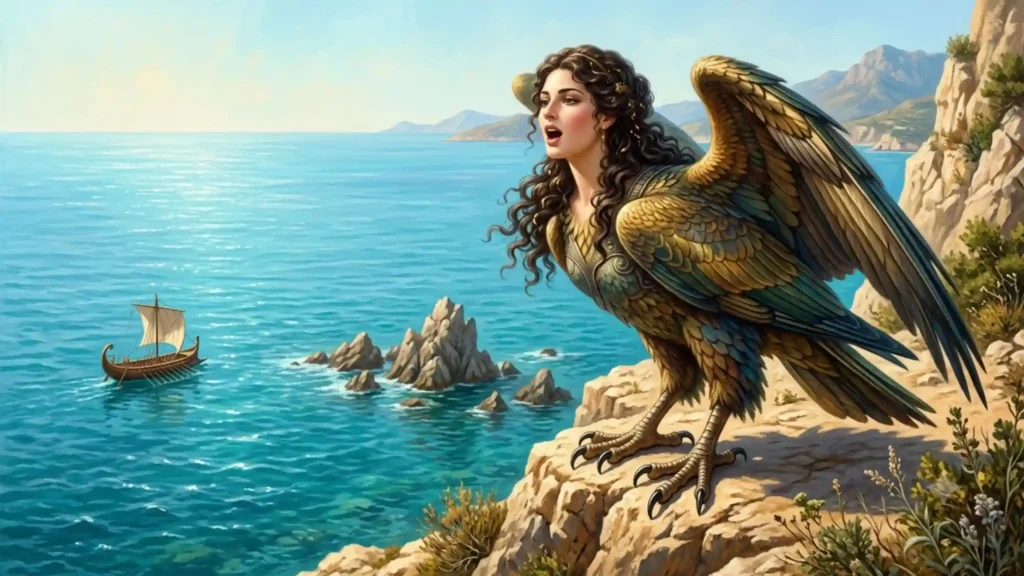 An ancient bird-bodied Siren singing above a ship and dangerous sea cliffs