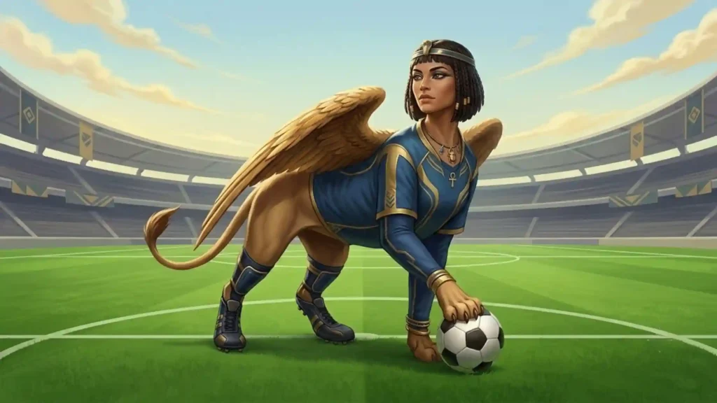 A human-headed lion sphinx in soccer gear controlling the ball