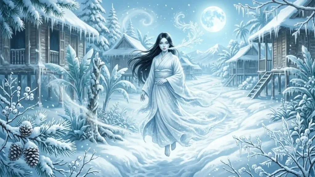 A pale Yuki-onna breathing frost through a luminous snowy forest